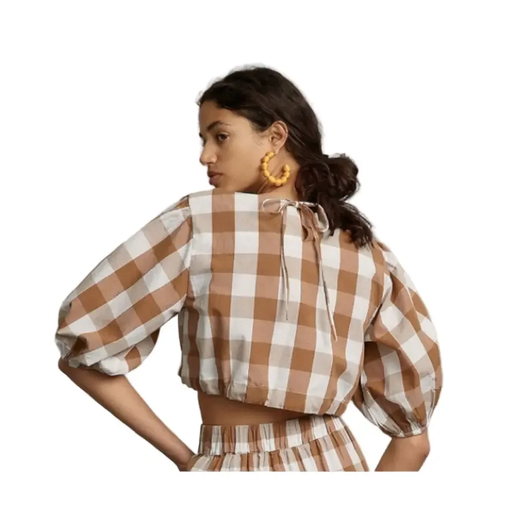 🛼Anthropologie WHIT TWO Gingham Brown and White Checkered Top size S GUC..